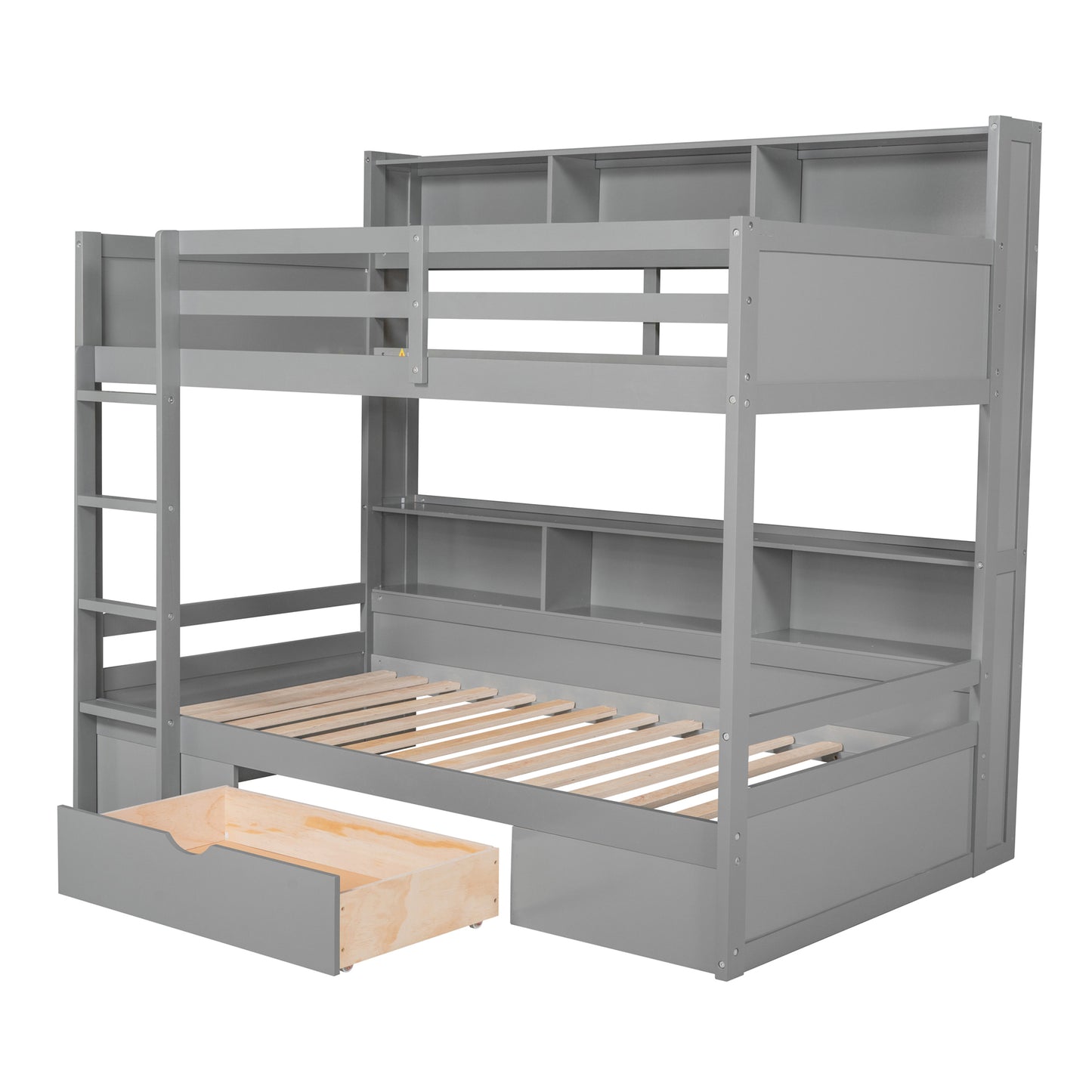 Twin Size Bunk Bed with Built-in Shelves Beside both Upper and Down Bed and Storage Drawer,Gray