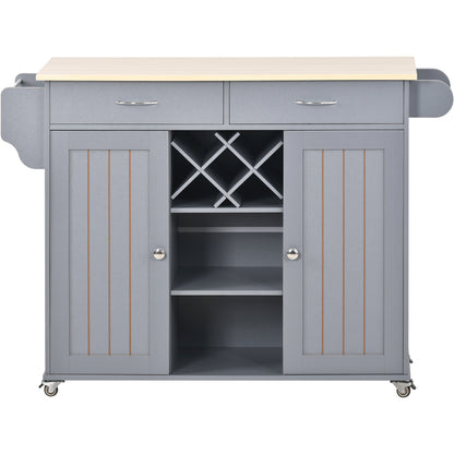 K&K Store Kitchen Island Cart with Two Storage Cabinets and Four Locking Wheels，Wine Rack, Two Drawers,Spice Rack, Towel Rack （Grey Blue）