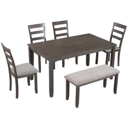 TREXM 6-Piece Kitchen Simple Wooden Dining Table and Chair with Bench, Fabric Cushion (Gray)