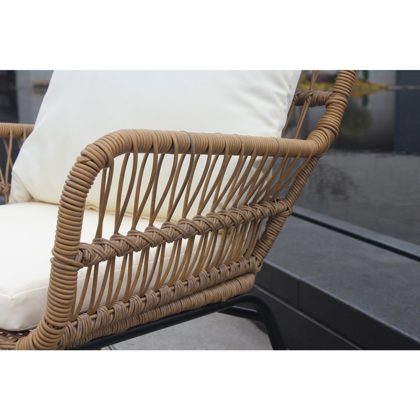 3PCS Outdoor Patio Balcony Natural Color Wicker Chair Set with Beige Cushion and Round Tempered Glass Table