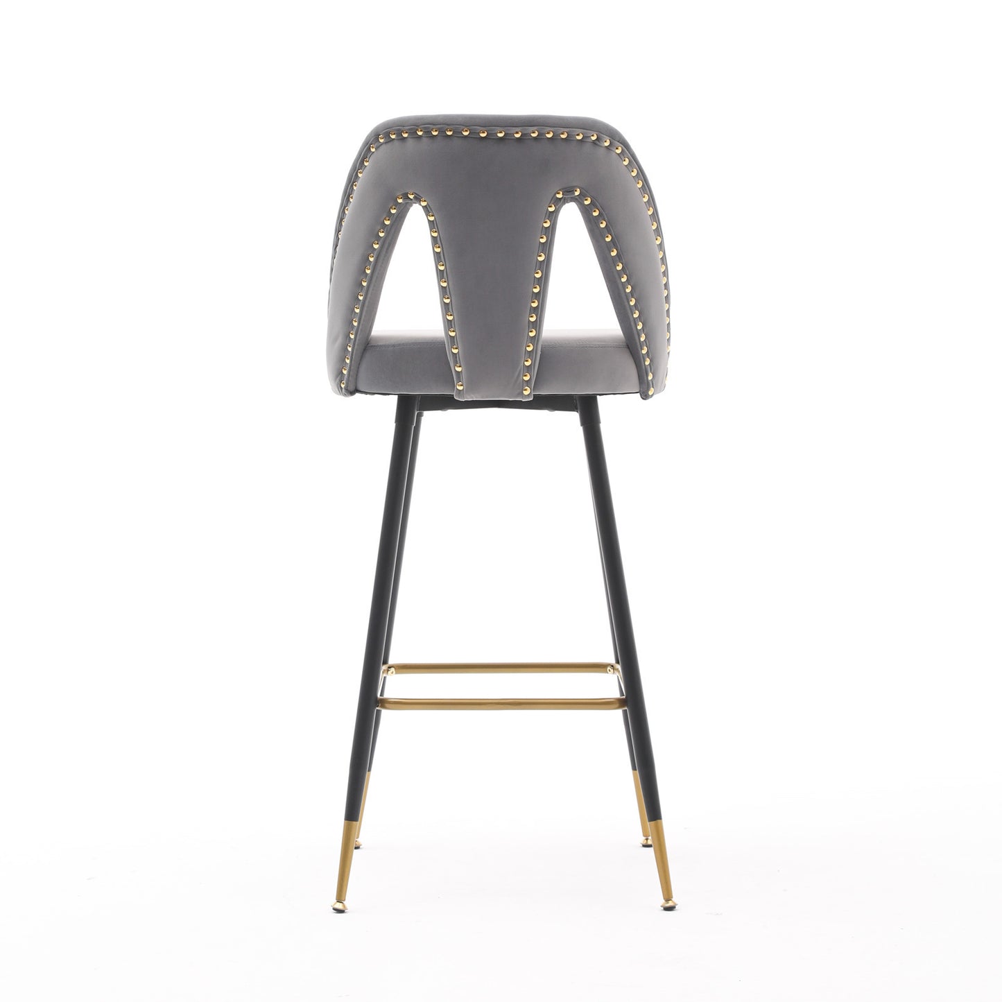 A&A Furniture,Akoya Collection Modern | Contemporary Velvet Upholstered Connor 28" Bar Stool & Counter Stools with Nailheads and Gold Tipped Black Metal Legs,Set of 2 (Gray)