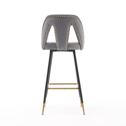 A&A Furniture,Akoya Collection Modern | Contemporary Velvet Upholstered Connor 28" Bar Stool & Counter Stools with Nailheads and Gold Tipped Black Metal Legs,Set of 2 (Gray)