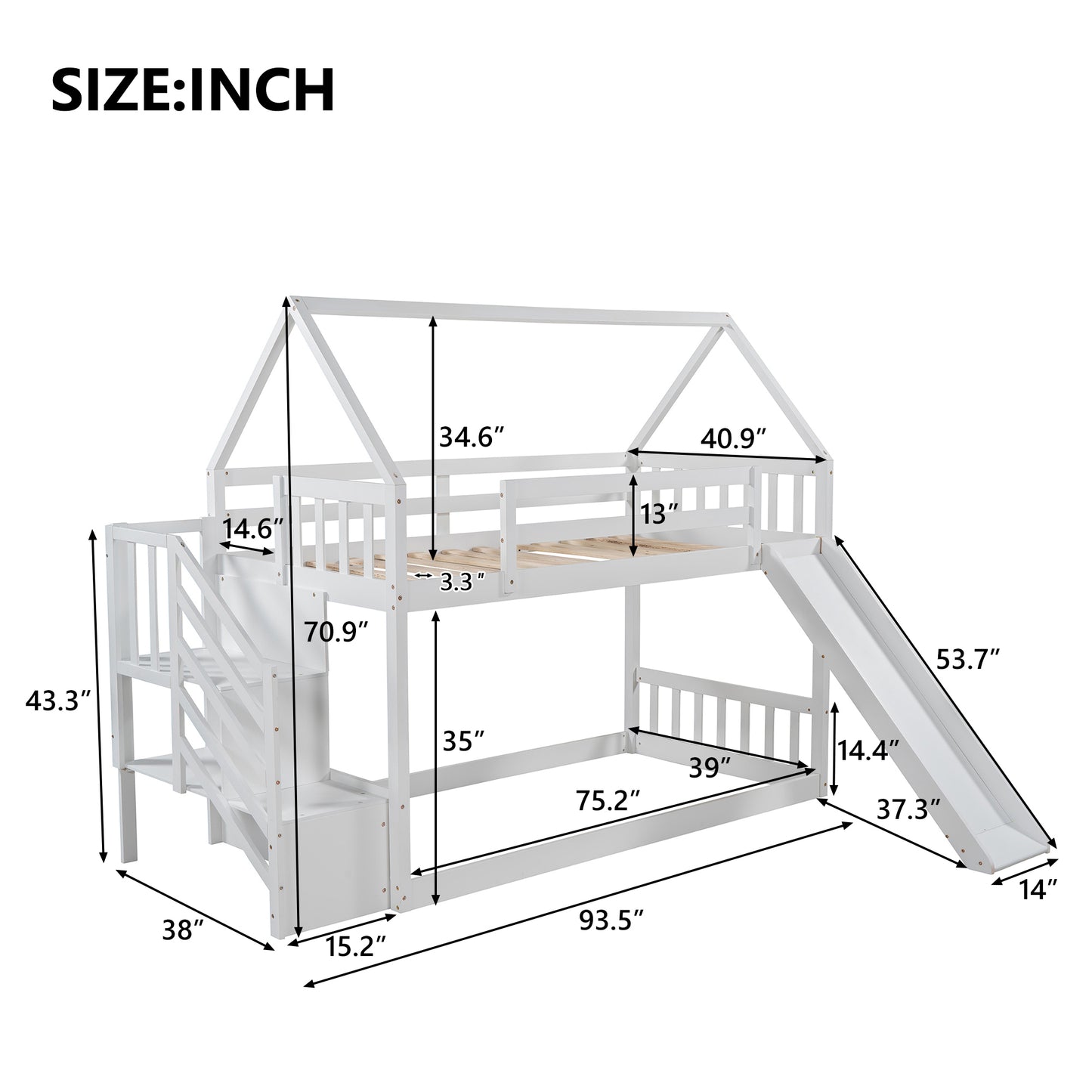 Twin over Twin House Bunk Bed with Slide and Storage Staircase,White