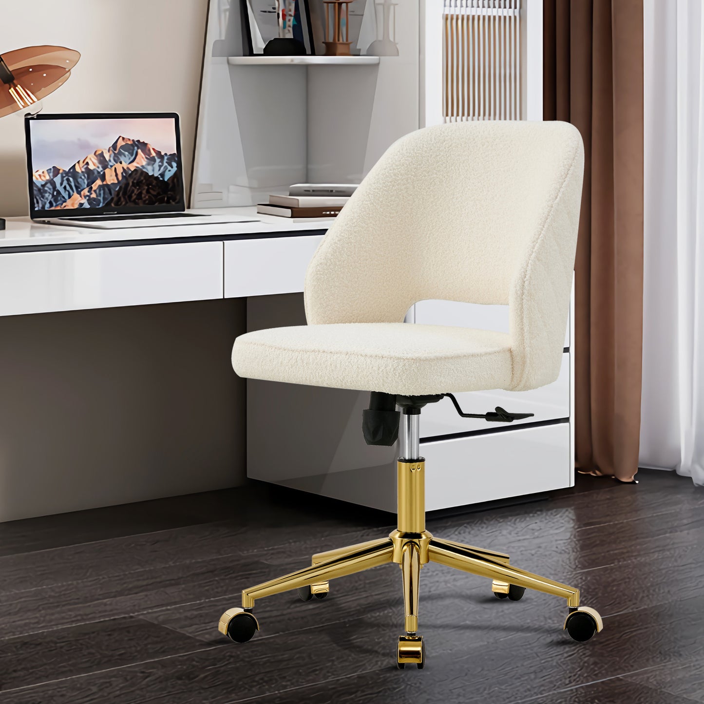 Modern Home Teddy Velvet Office Chairs, Adjustable 360 °Swivel Chair Engineering Plastic Armless Swivel Computer Chair With Wheels for Living Room, Bed Room Office Hotel Dining Room.White.