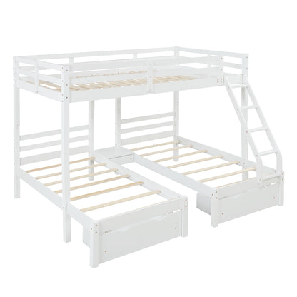 Solid Wood Full over  Twin & Twin Bunk Bed with 3 Storage Drawers, White (96.8”x79”x68.3”)