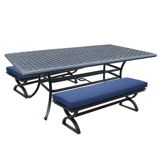 3 Piece Outdoor Aluminum Dining Set, Rectangular table and Benches, Navy Blue