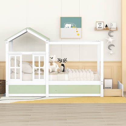 Twin Size House Bed with Roof, Window and Drawer - Green + White