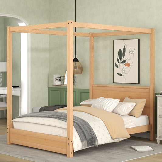 Full Size Canopy Platform Bed with Headboard and Support Legs,Natural