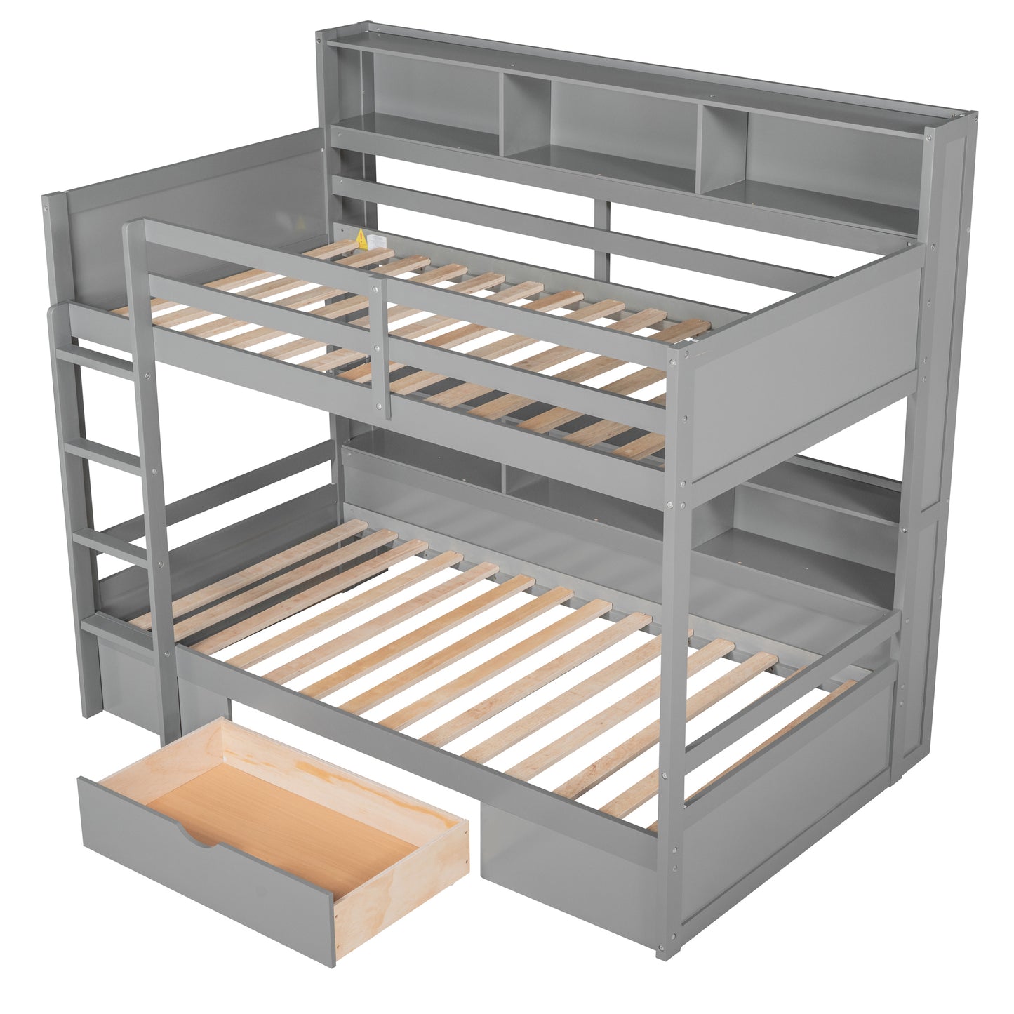 Twin Size Bunk Bed with Built-in Shelves Beside both Upper and Down Bed and Storage Drawer,Gray