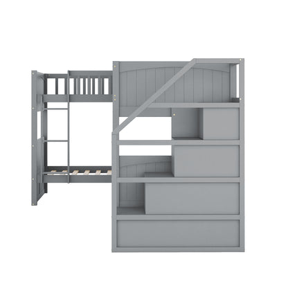 Twin over Twin Wooden L-Shaped Bunk Bed with Ladder and Stairway,Grey(OLD SKU:SM000303AAE-1)