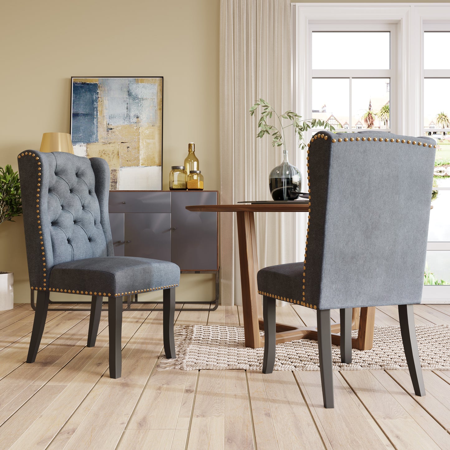 TREXM Cotton Fabric Dining Chairs Set of 2, Upholstered Dining Room Chairs with Solid Wood Legs, Wingback and Button Tufting (Dark Gray)