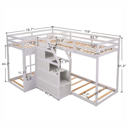 Twin over Twin L-Shaped Bunk Bed with Built-in Middle Staircase,White