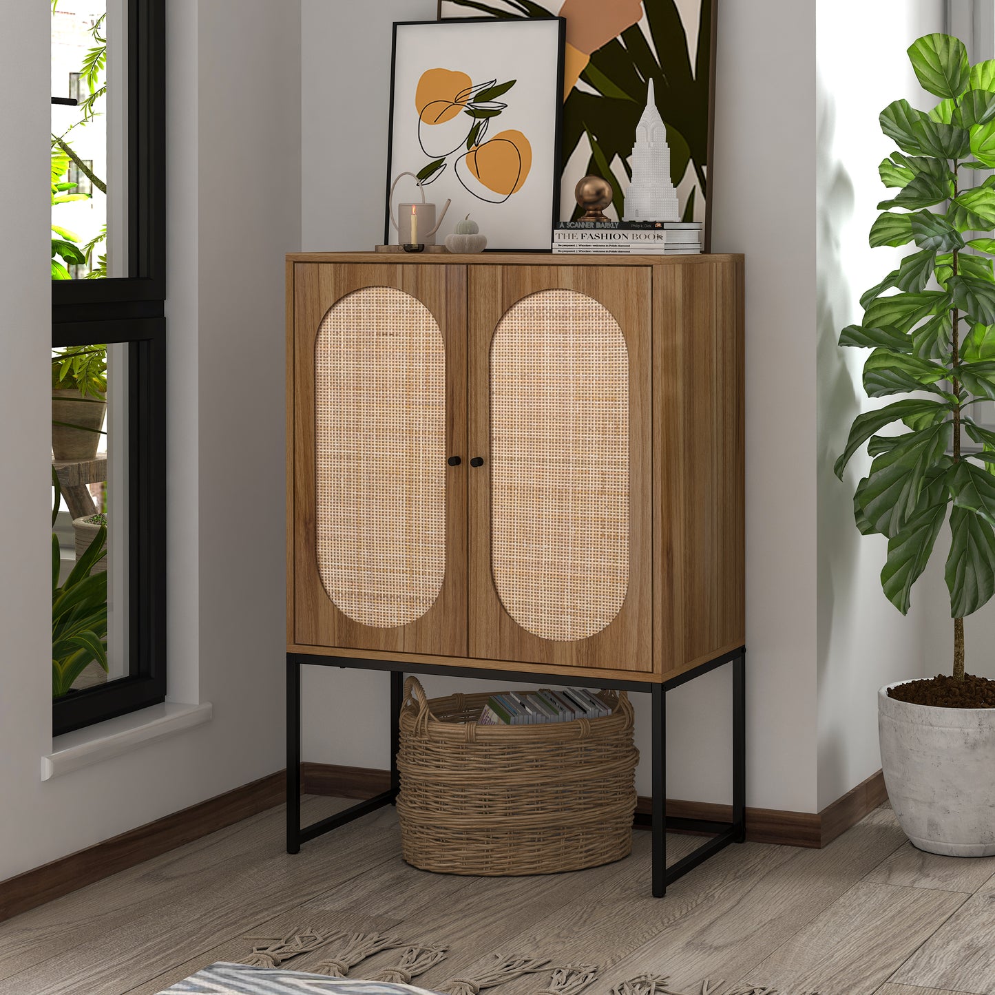 Natural rattan，Allen 2 Door high cabinet，rattan，Built-in adjustable shelf，Easy Assembly，Free Standing Cabinet for Living Room Bedroom