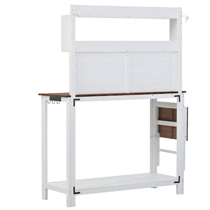 TOPMAX 65inch Garden Wood Workstation Backyard Potting Bench Table with Shelves, Side Hook and Foldable Side Table,White