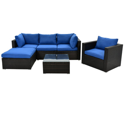 TOPMAX 6PCS Outdoor Patio Sectional All Weather PE Wicker Rattan Sofa Set with Glass Table, Blue Cushion+ Brown Wicker