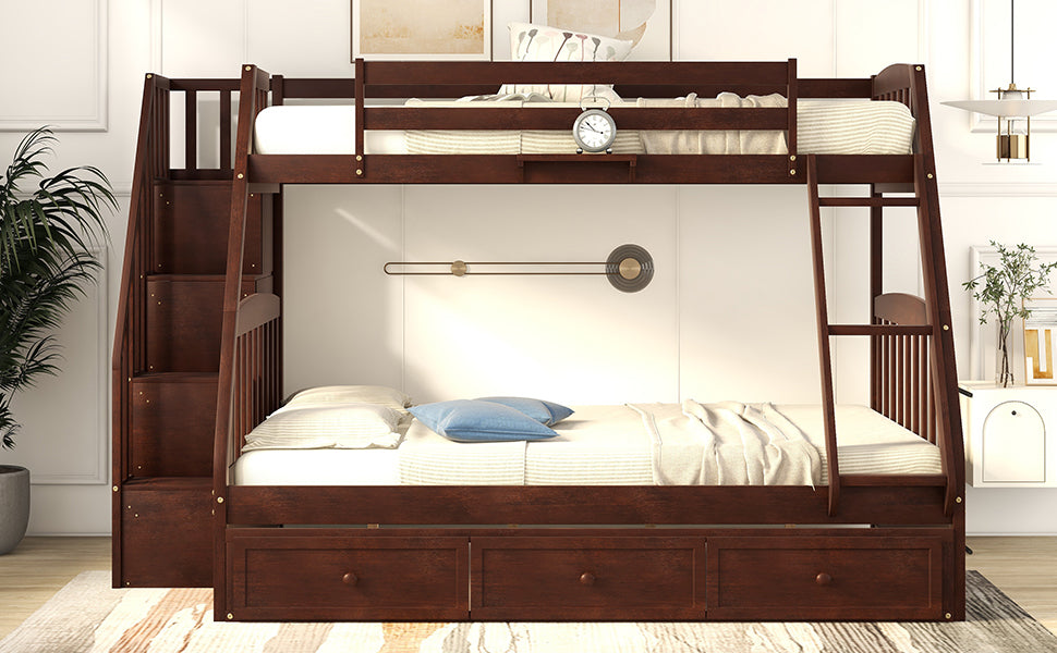 Twin-Over-Full Bunk Bed with Drawers，Ladder and Storage Staircase, Espresso