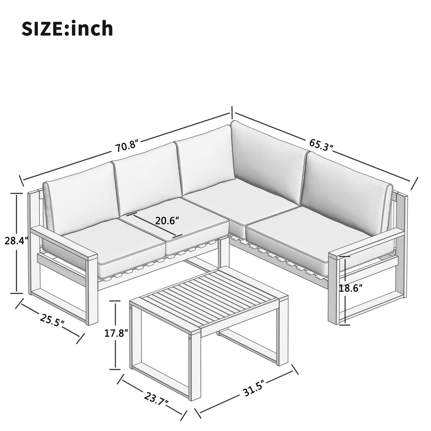 U_STYLE 3-Piece Patio Sectional Set  Acacia  Wood and Grey Cushions  Ideal for Outdoors and Indoors