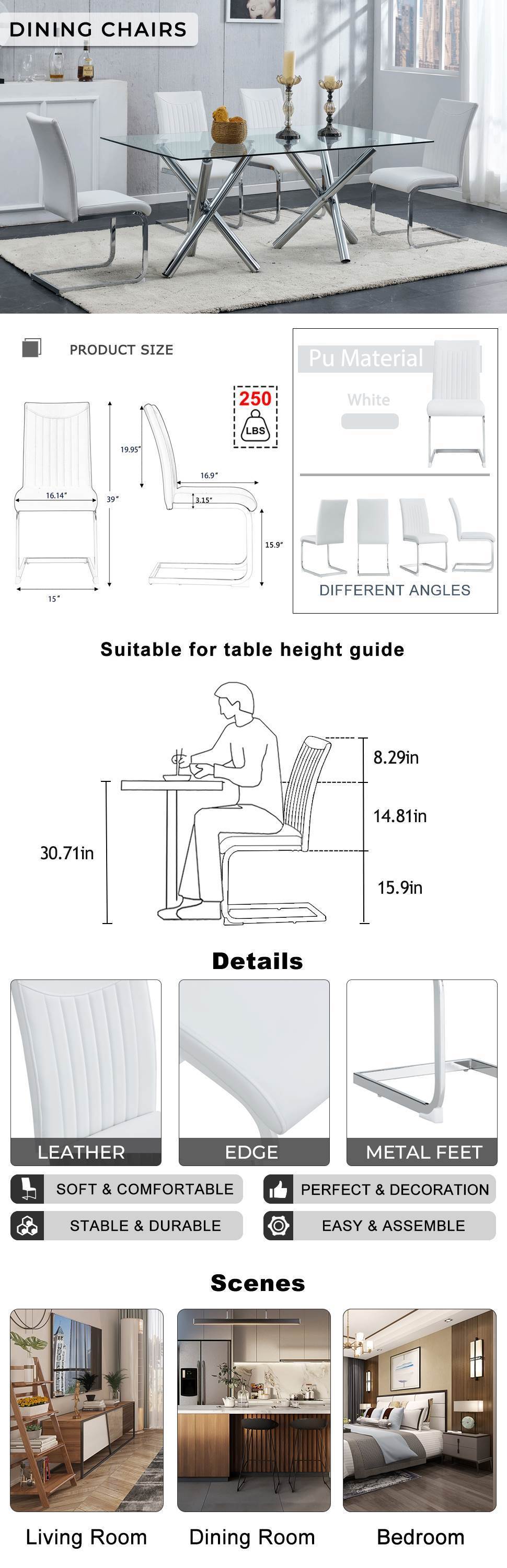 Modern Dining Plating leg Dining chair Chair, PU  Leather High Back Cushion Side  Chair with Vertical stripe backrest pattern for Dining Room Kitchen Vanity Patio Office Chair (Set of 4) (White+PU)