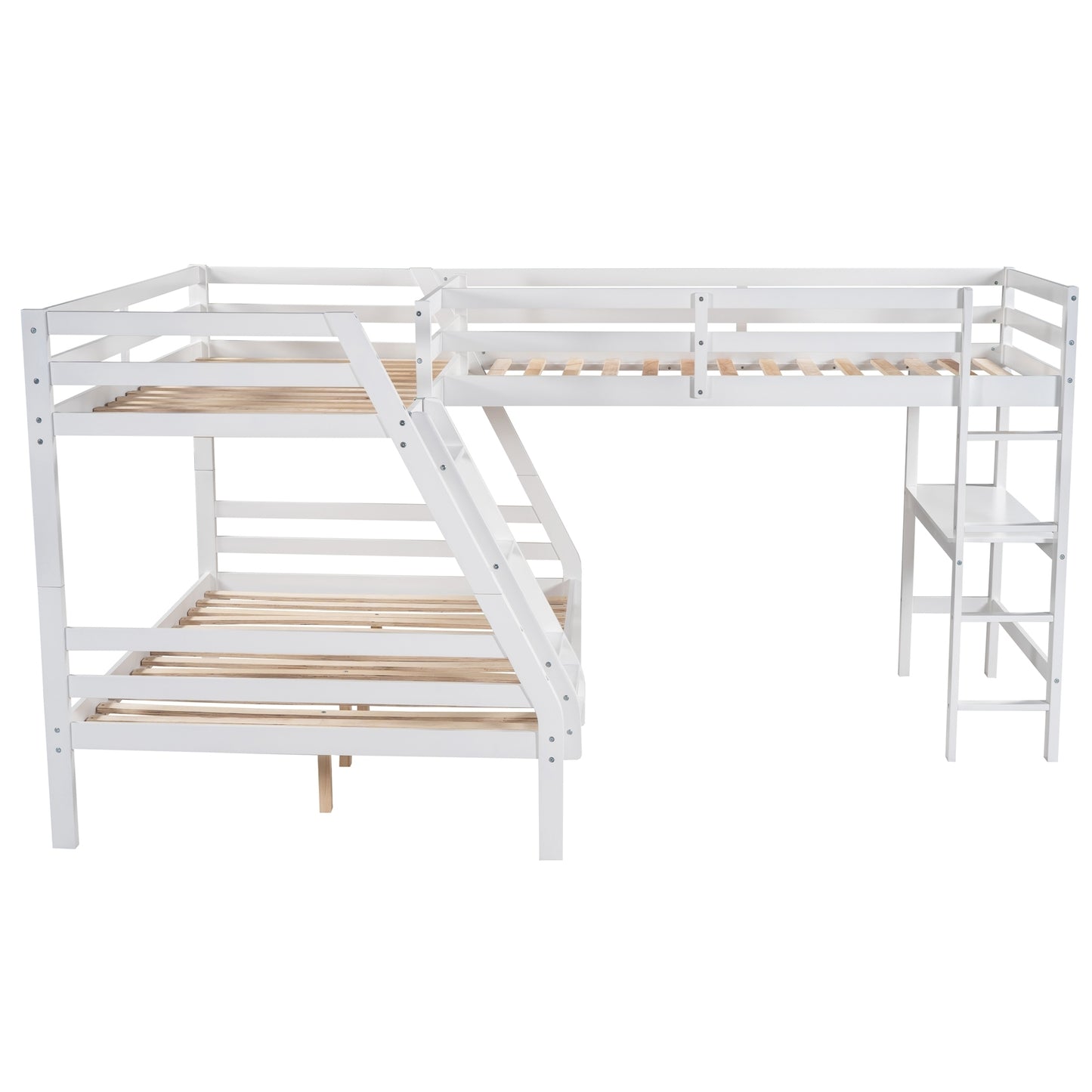 L-Shaped Twin over Full Bunk Bed and Twin Size Loft Bed with Built-in Desk,White