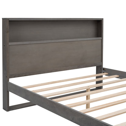 Platform Bed with Storage Headboard,Sockets and USB Ports,Queen Size Platform Bed,Antique Gray