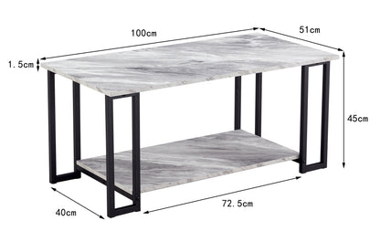 D&N Coffee Table, 2 Layers 1.5cm Thick Marble MDF Rectangle 39.37" L Tabletop Iron Coffee Table , Dining Room,  GREY Top, BLACK Leg