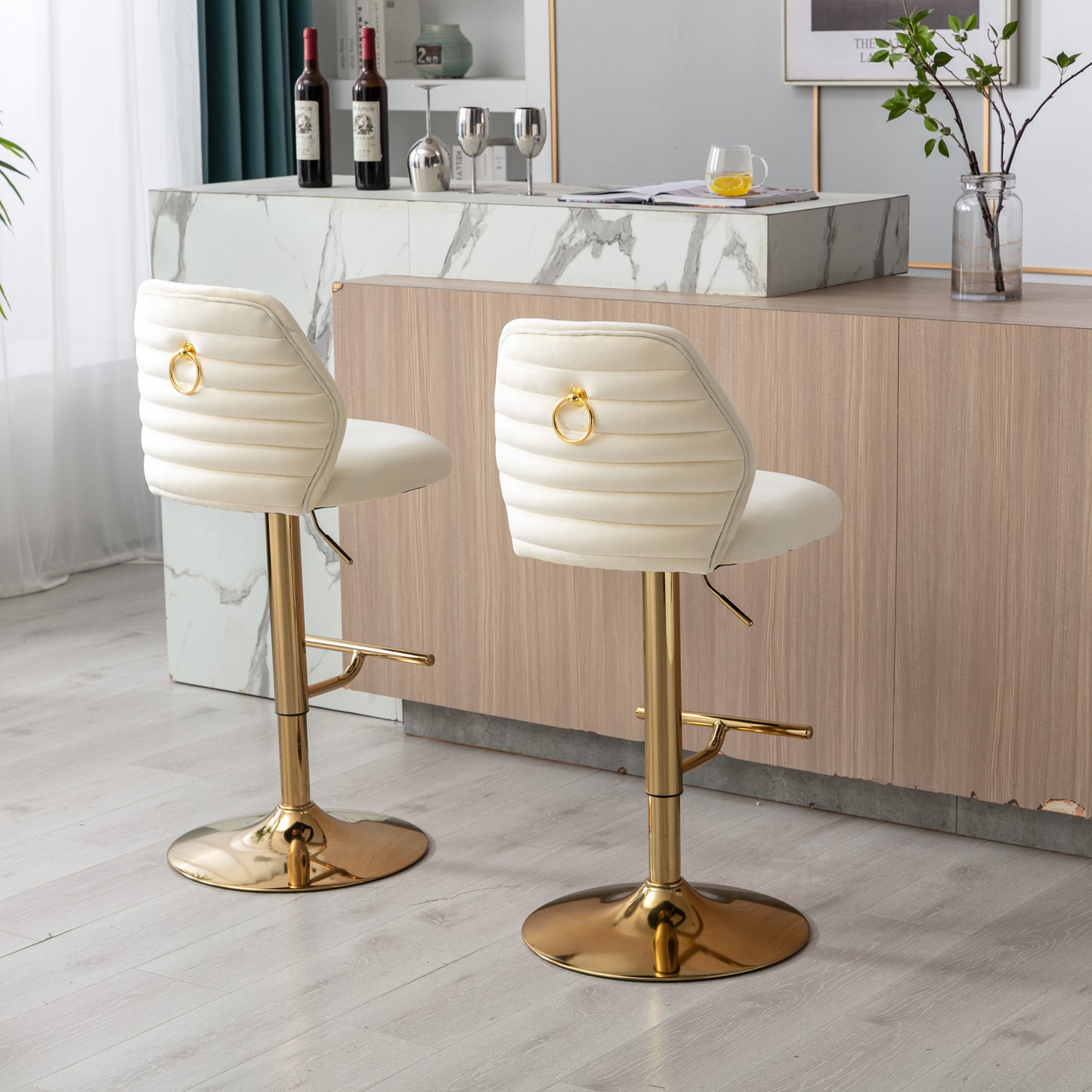 Swivel Bar Stools Chair Set of 2 Modern Adjustable Counter Height Bar Stools, Velvet Upholstered Stool with Tufted High Back & Ring Pull for Kitchen , Chrome Golden Base,Cream