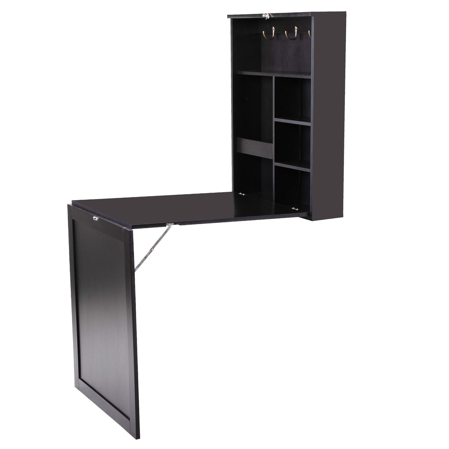 Folding Wooden Wall-Mounted Table Drop-Leaf Desk with Storage Shelves, Black