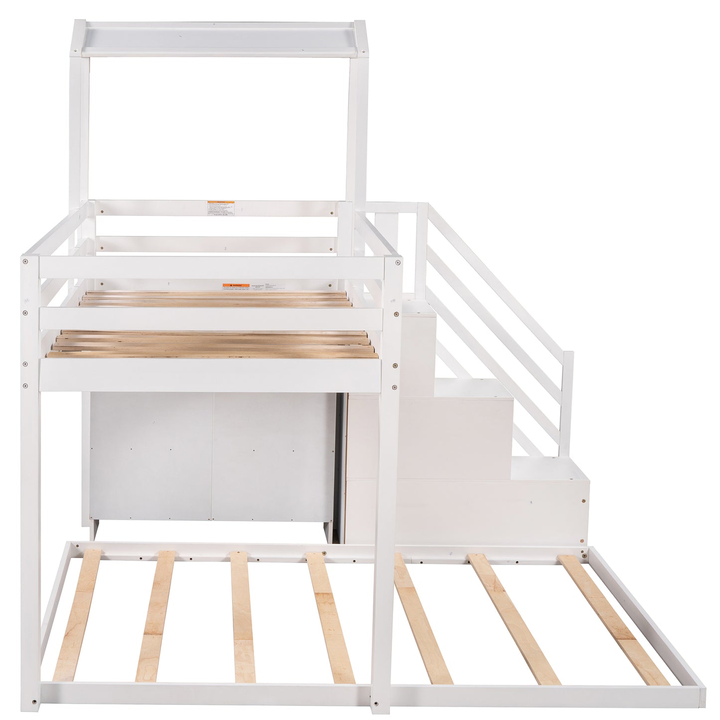 Twin over Full House Roof Bunk Bed with Staircase and Shelves, White