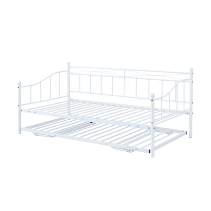 Twin Size Metal Daybed with Twin Size Adjustable Trundle, Portable Folding Trundle, White