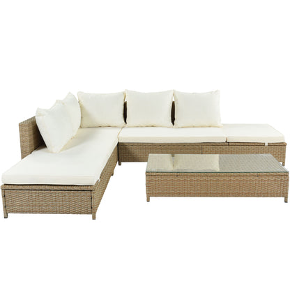 TOPMAX Patio 3-Piece Rattan Sofa Set All Weather PE Wicker Sectional Set with Adjustable Chaise Lounge Frame and Tempered Glass Table, Natural Brown+ Beige Cushion