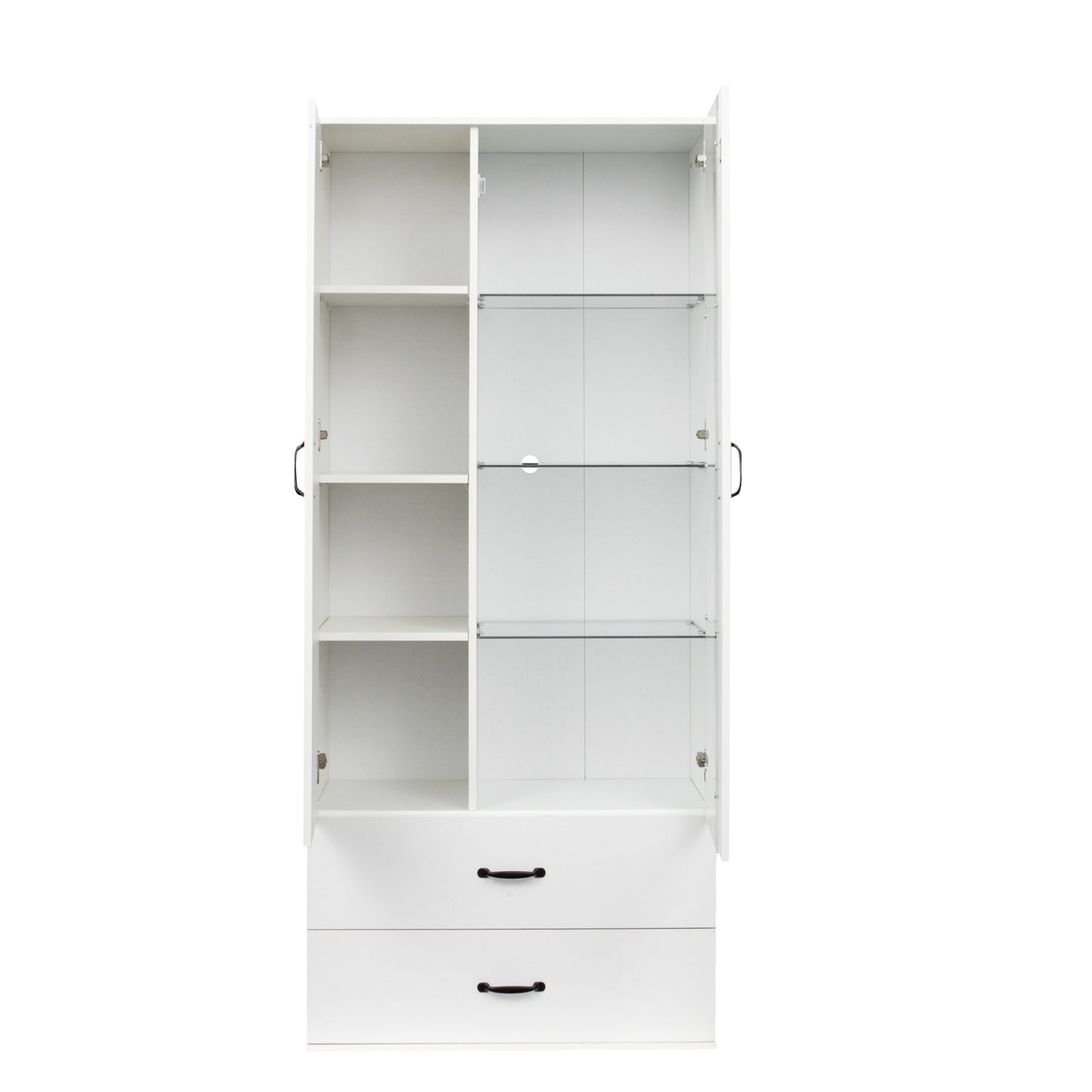 Side cabinet with shelving, drawers, and white side cabinet for clothing