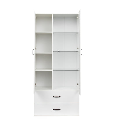 Side cabinet with shelving, drawers, and white side cabinet for clothing