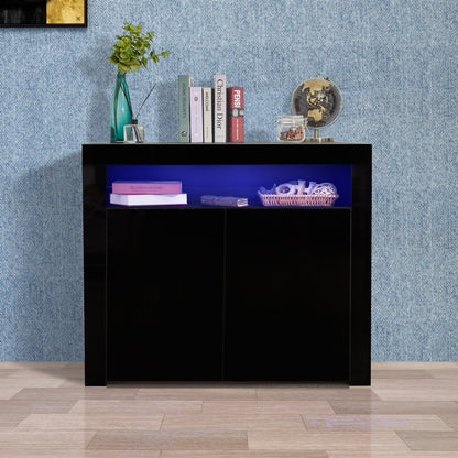 Living Room Sideboard Storage Cabinet Black High Gloss with LED Light, Modern Kitchen Unit Cupboard Buffet Wooden Storage Display Cabinet TV Stand with 2 Doors for Hallway Dining Room