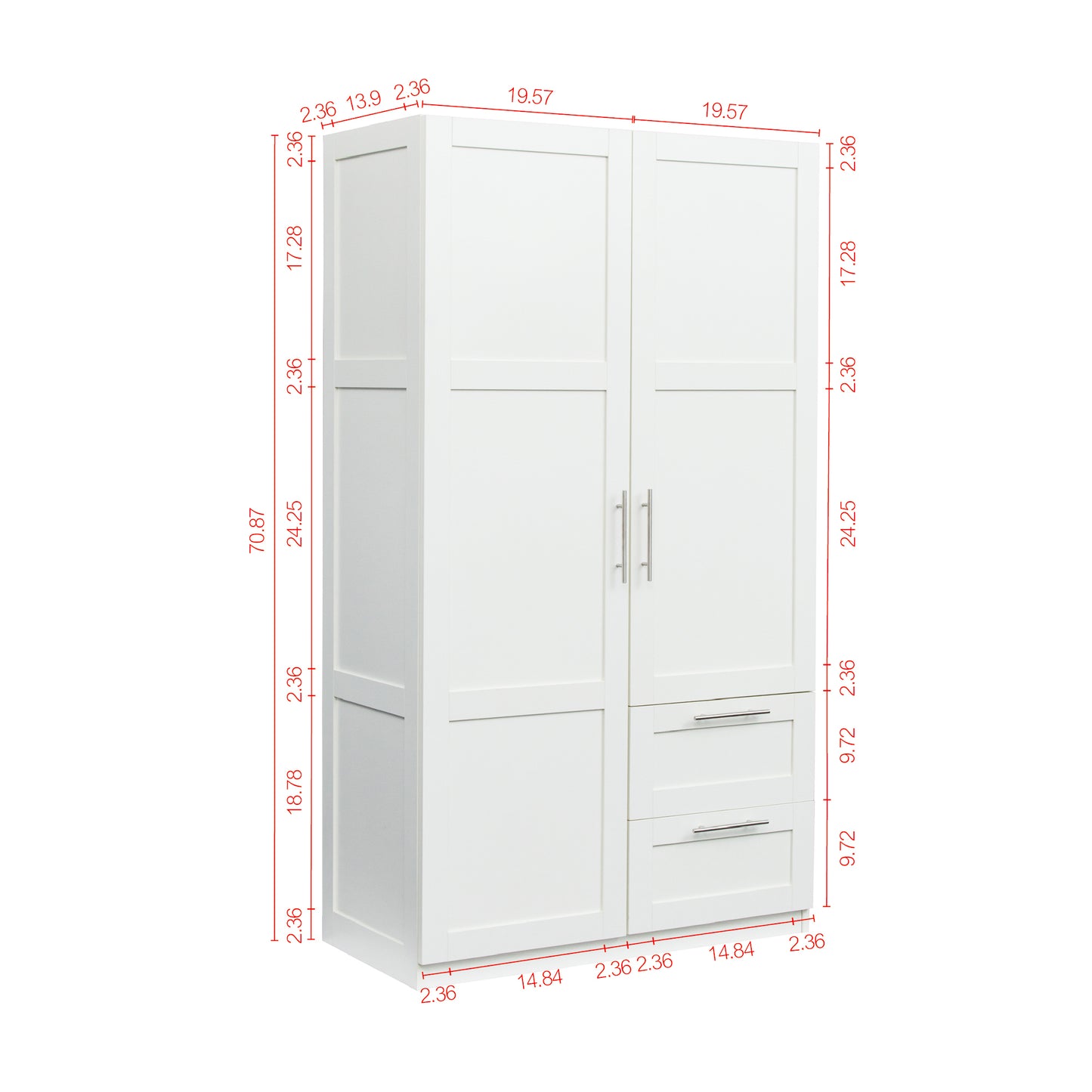 High wardrobe and kitchen cabinet with 2 doors, 2 drawers and 5 storage spaces,white