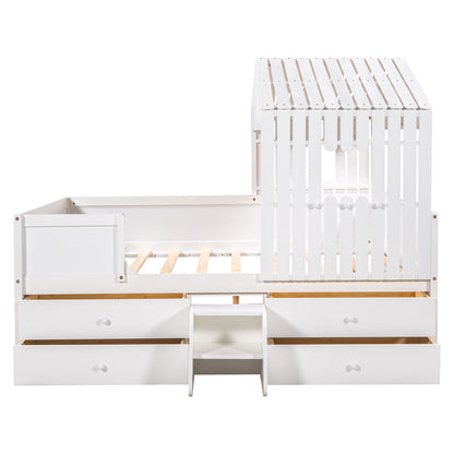 Full Size House Low Loft Bed with Four Drawers,White