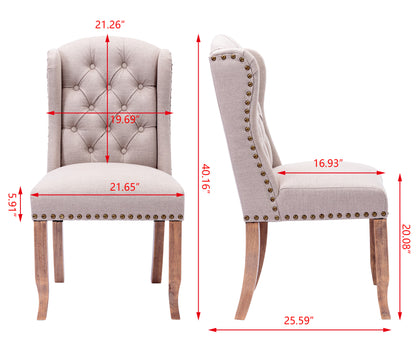 Wing Back Tufted Botton Upholstered Fabric Dining Chairs Set of 2,High Back Farmhouse Kitchen Dining Chairs with Nailheads,Cream