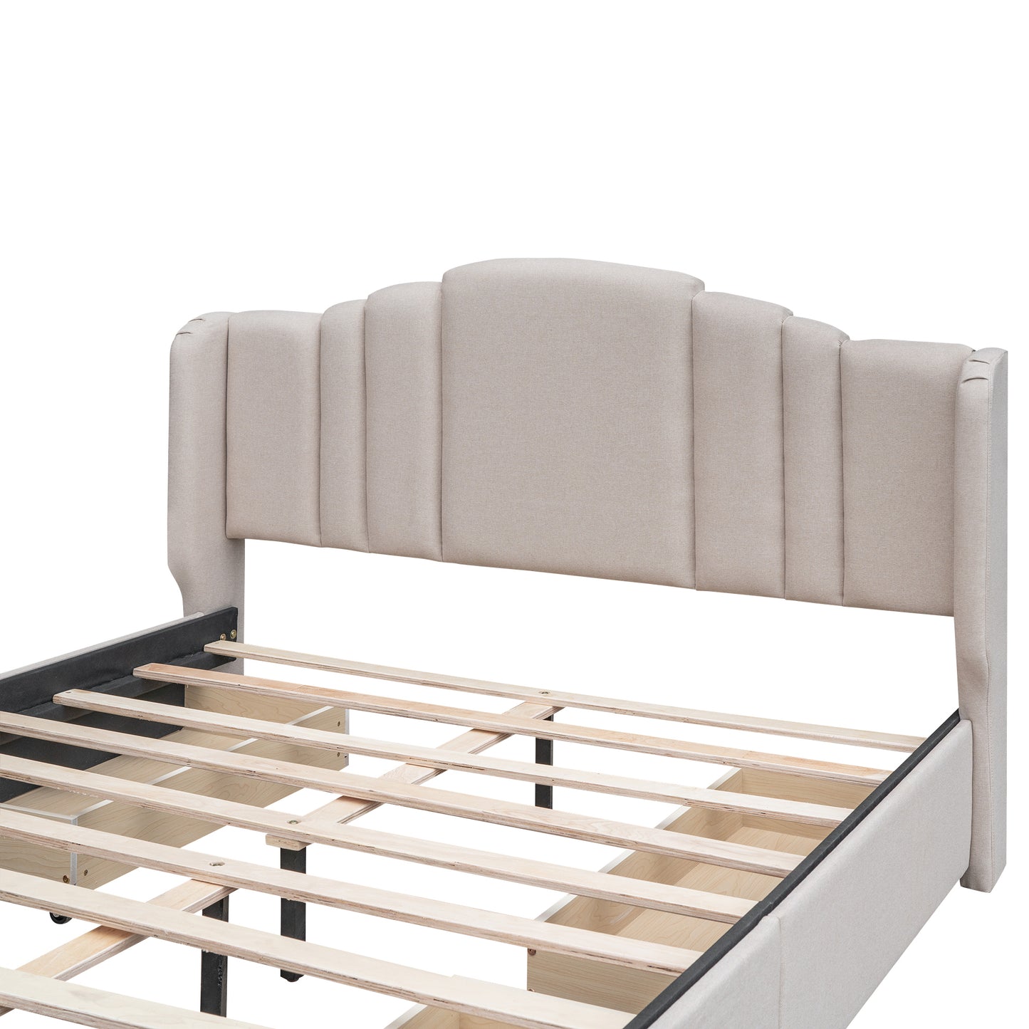 Upholstered Platform Bed with Wingback Headboard and 4 Drawers, No Box Spring Needed, Linen Fabric, Queen Size Beige