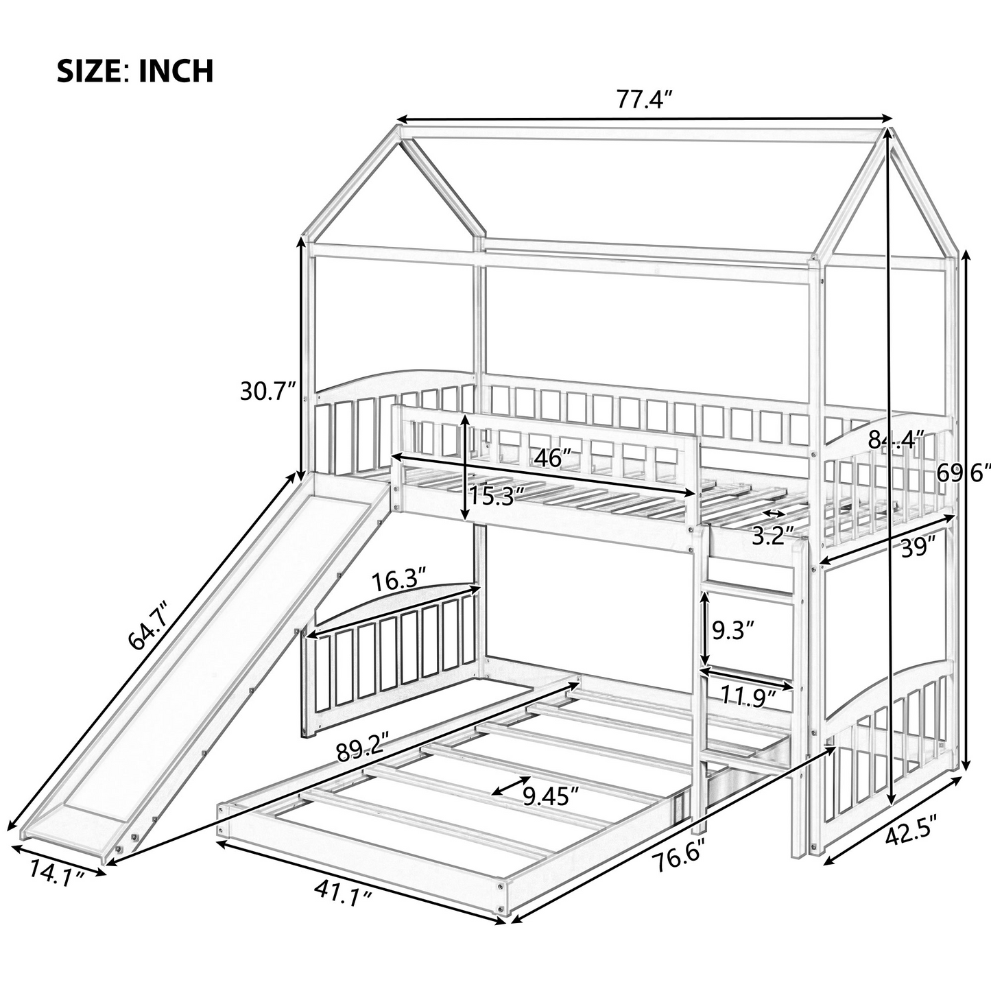 Twin Over Twin Bunk Bed with Slide, House Bed with Slide, Gray(OLD SKU: LP000214AAE)