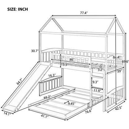 Twin Over Twin Bunk Bed with Slide, House Bed with Slide, Gray(OLD SKU: LP000214AAE)