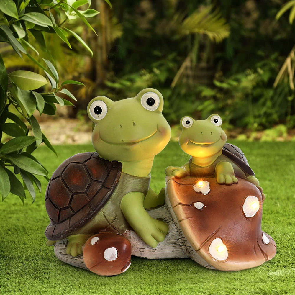 Garden Statue Cute Frog Face Turtles Figurines,Solar Powered Resin Animal Sculpture with 3 Led Lights for Patio,Lawn