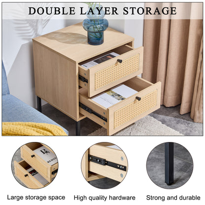 Modern simple storage cabinet MDF Board bedside cabinet Japanese rattan bedside cabinet Small household furniture bedside table.Applicable to dressing table in bedroom, porch, living room.2 Drawers