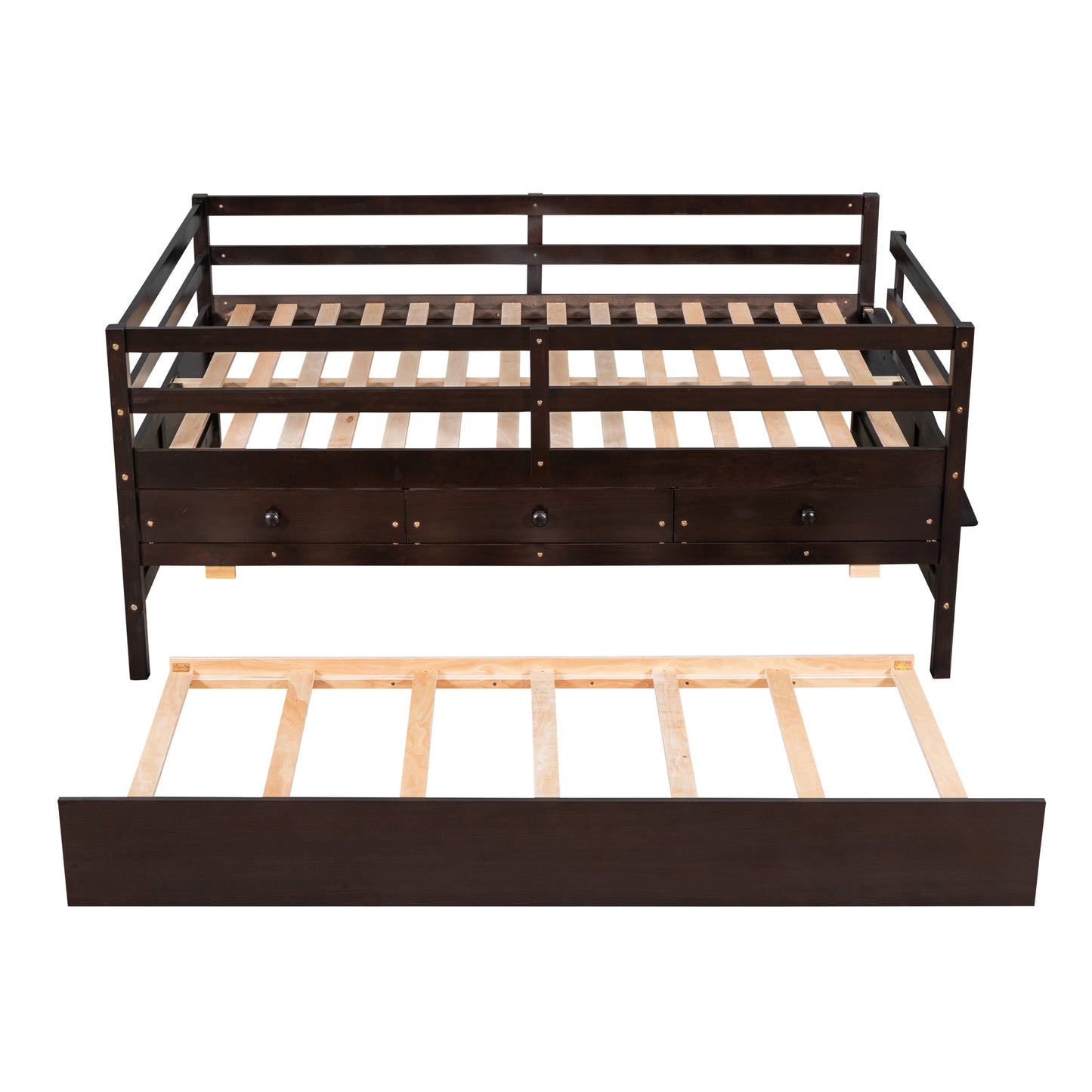 Low Loft Bed Full Size with Full Safety Fence, Climbing ladder, Storage Drawers and Trundle Espresso Solid Wood Bed