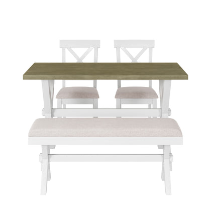 TOPMAX 4 Pieces Farmhouse Rustic Wood Kitchen Dining Table Set with Upholstered 2 X-back Chairs and Bench,Gray Green+White+Beige