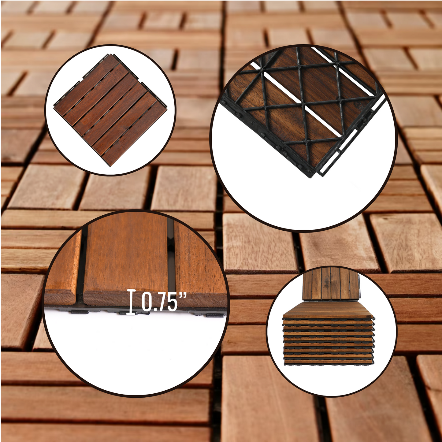 12" x 12" Square Acacia Wood Interlocking Flooring Tiles Striped Pattern Pack of 10 Tiles