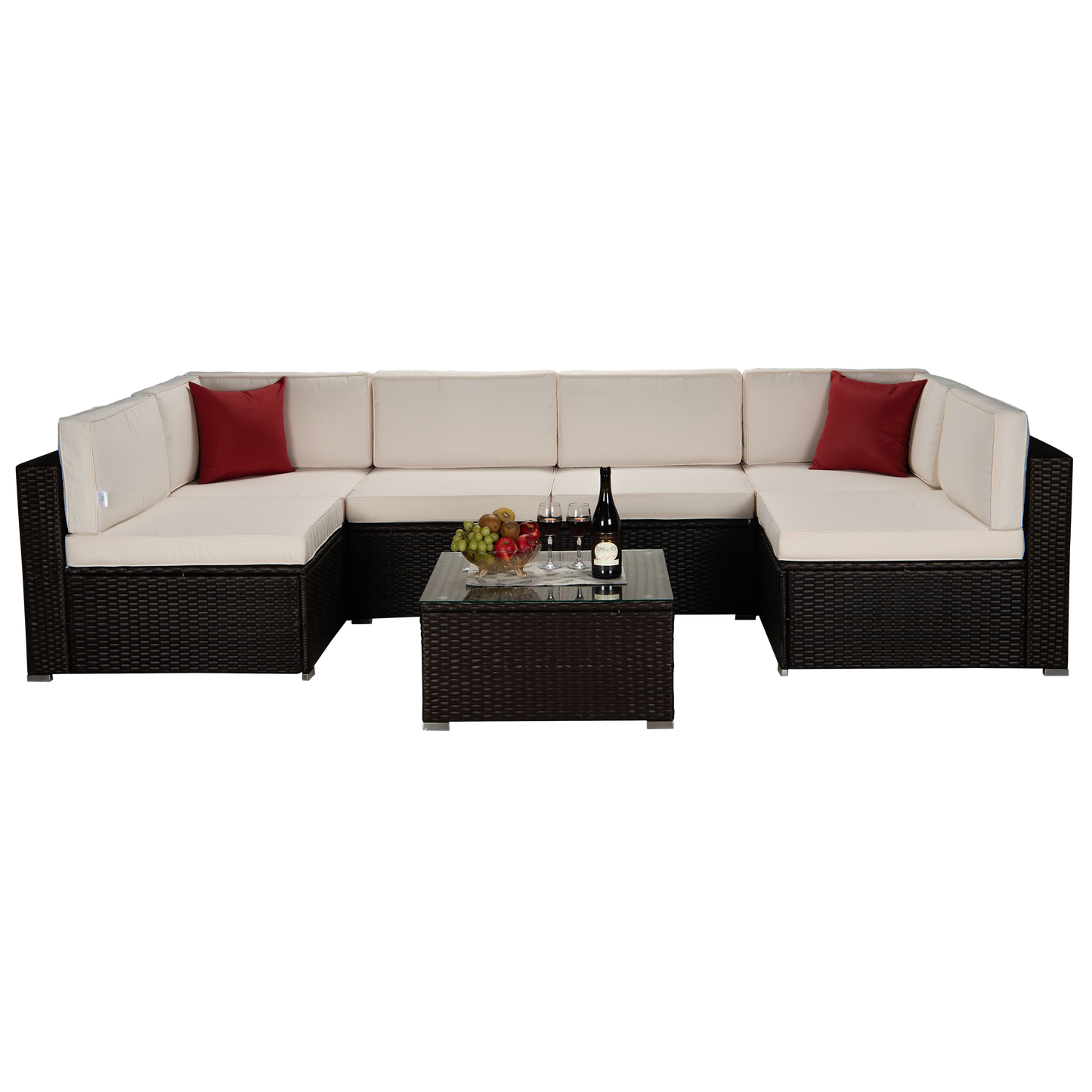 Outdoor Garden Patio Furniture 7-Piece Brown PE Rattan Wicker Sectional Beige Cushioned Sofa Sets with 2 Red Pillows