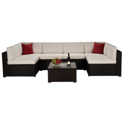 Outdoor Garden Patio Furniture 7-Piece Brown PE Rattan Wicker Sectional Beige Cushioned Sofa Sets with 2 Red Pillows