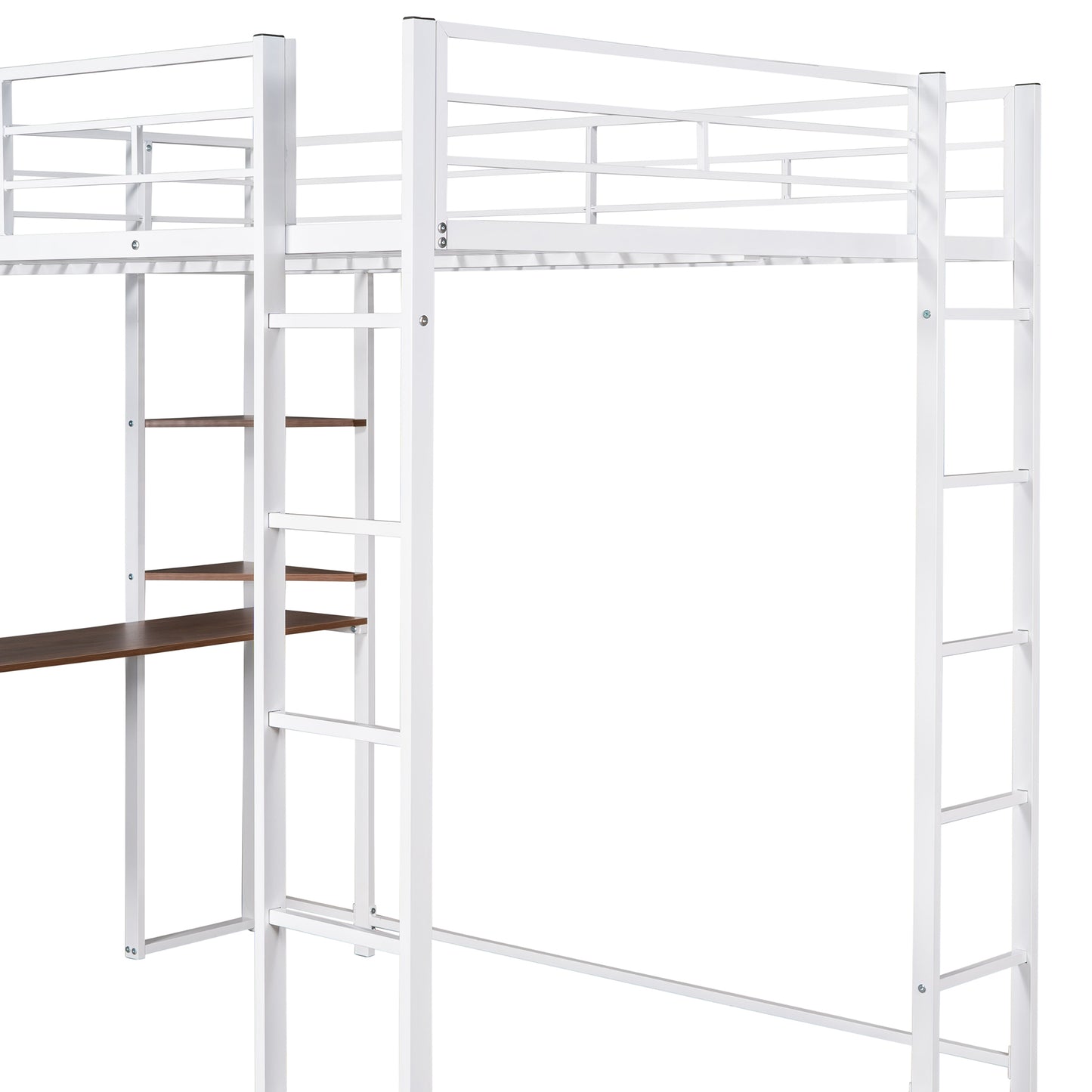 Full Size Metal Loft Bed with 2 Shelves and one Desk ,White (Old SKU: LP000191AAK )