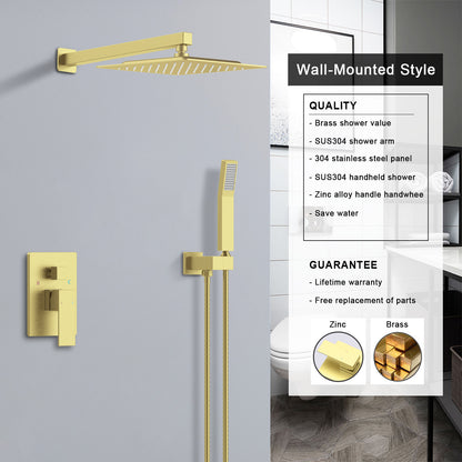 Shower System Shower Faucet Combo Set Wall Mounted with 10" Rainfall Shower Head and handheld shower faucet, Brushed Gold Finish with Brass Valve Rough-In