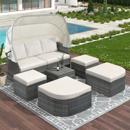 U_STYLE Outdoor Patio Furniture Set Daybed Sunbed with Retractable Canopy Conversation Set Wicker Furniture Sofa Set