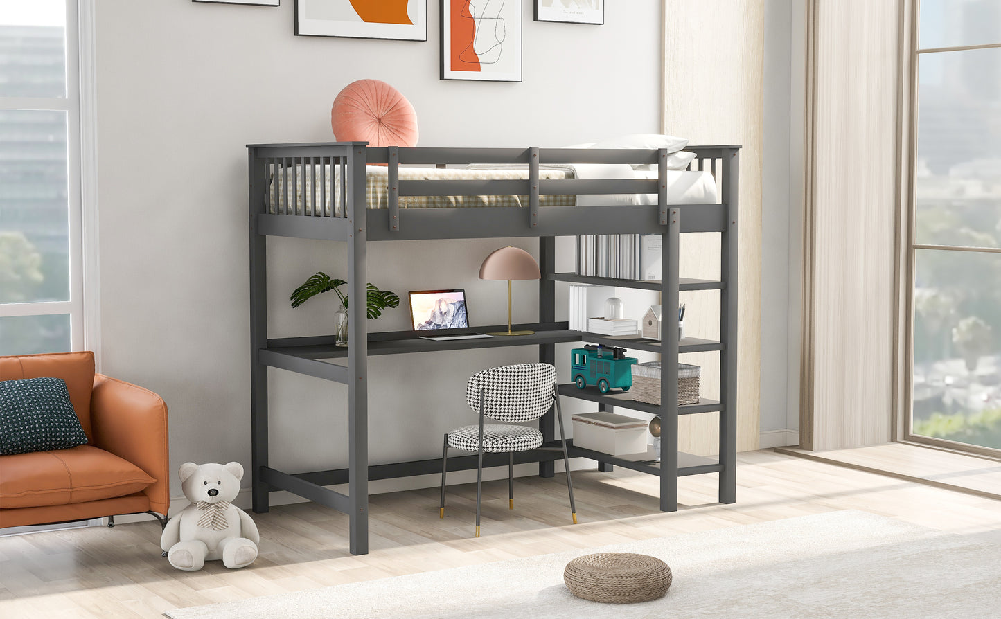 Twin Size Loft Bed with Storage Shelves and Under-bed Desk, Gray